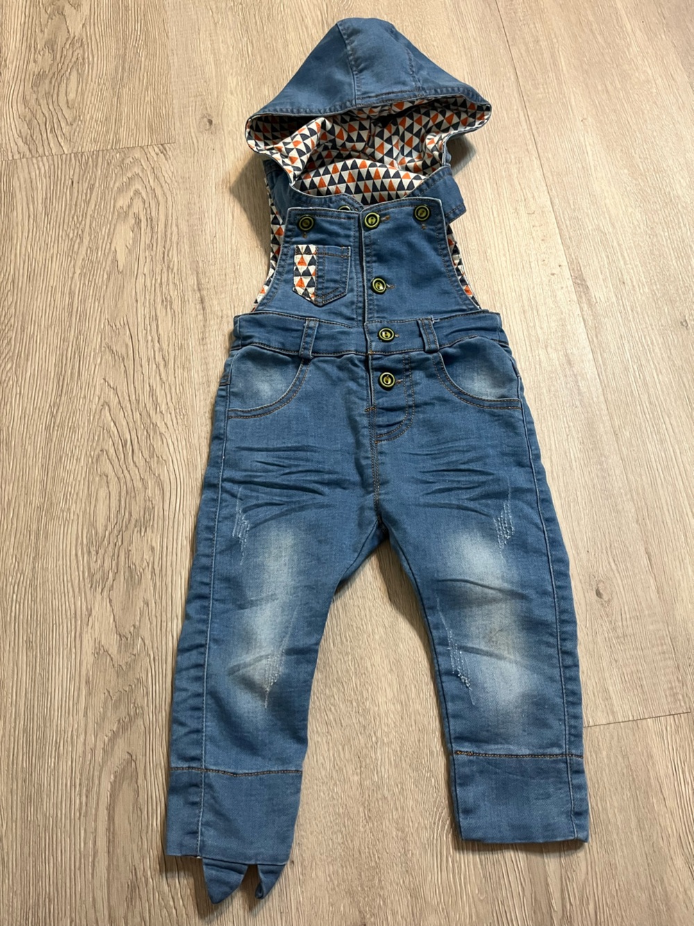 Toddler Blue Hooded Denim Overalls with Triangle Fabric & Animal Accents
